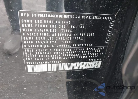 2021 Volkswagen Tiguan 2.0T Se/2.0T Se R-Line Black/2.0T Sel из США, поврежденный, VIN 3VV2B7AX4MM111887